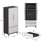 2-Door Wardrobe Closet Armoire With 2 Drawers And Clothes Rail - 70.9H x 31.5W x 19.1D