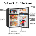 Galanz Two Door Mini Fridge, 3.1 Cu Ft, Black