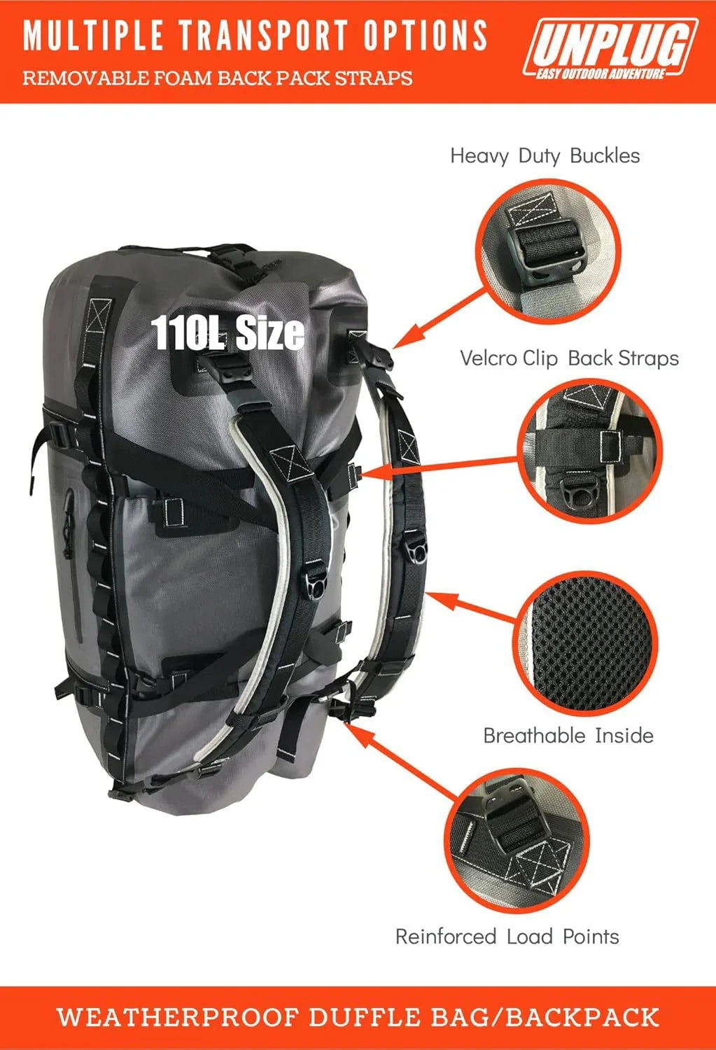 UNPLUG Waterproof Duffel Backpack, 65L, Adventure Orange - 100000