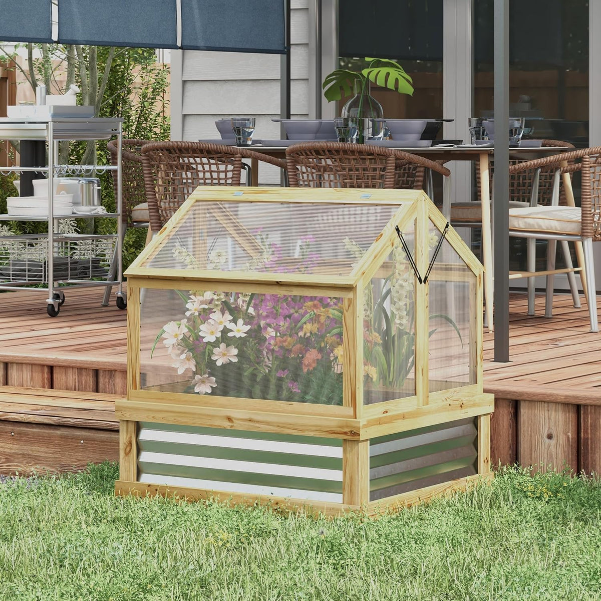 Raised Garden Bed With Polycarbonate Cold Frame Greenhouse, 35.5 x 31.5 x 36 in, Natural Wood