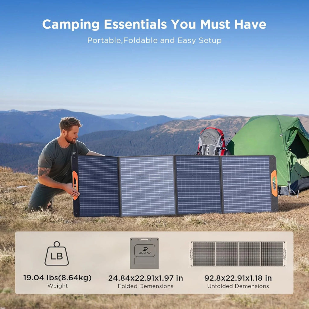 ZOUPW Portable Solar Panel 200W 20V ETFE - 93.78in x 21.06in x 0.98in