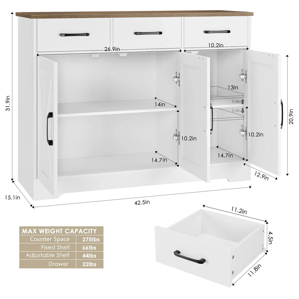 HOSTACK Sideboard Buffet Cabinet, White, 15.2in D x 42.5in W x 31.9in H
