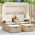 Black PE Rattan 2-Seat Patio Sofa With Canopy, Table And Stools, 56.7 x 36.2 x 27.2 in