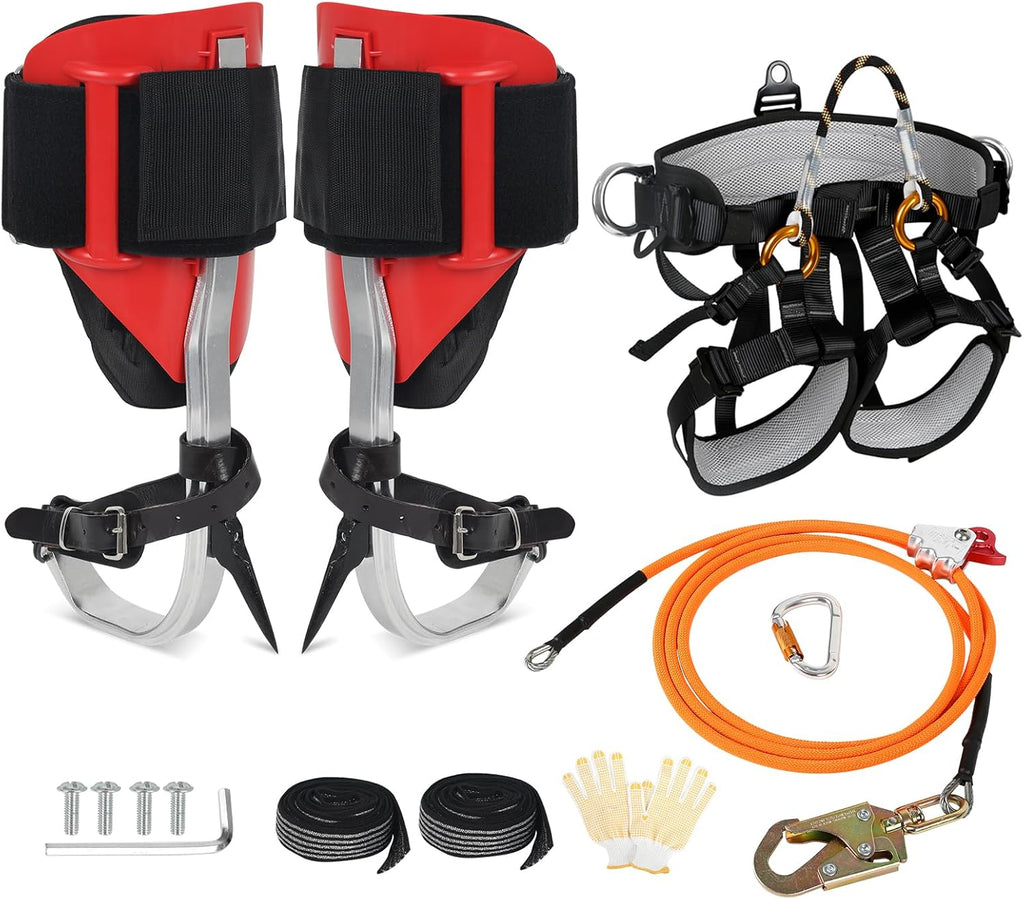 Tree Climbing Spikes Set With Safety Seat And 10FT Steel Wire Core Flip Line Kit