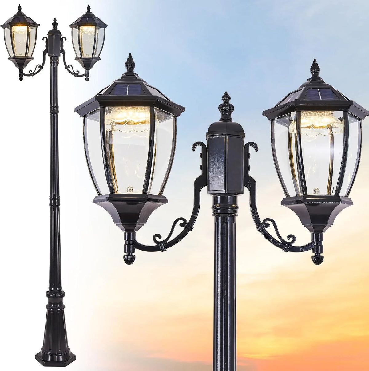 GYDZ 2-Head Outdoor Solar Lamp Post Light, Black, 7 ft 2 in High x 25.2 in Wide