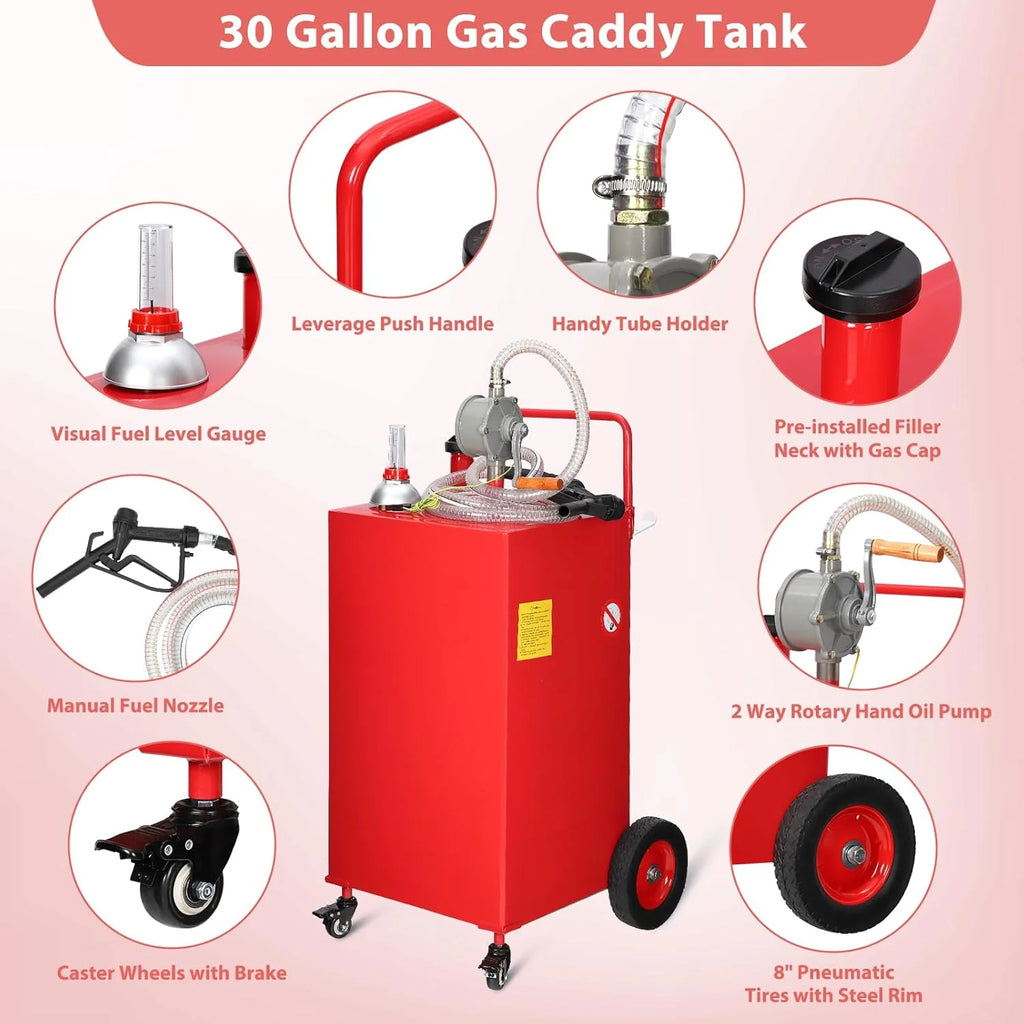 30 Gallon Stainless Steel Fuel Caddy With Manual Transfer Pump, 4-Wheel Design, Red