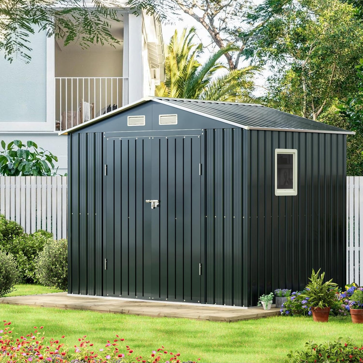 Outdoor Steel Storage Shed 8x6FT With Clear Window And Lockable Doors - Night Blue