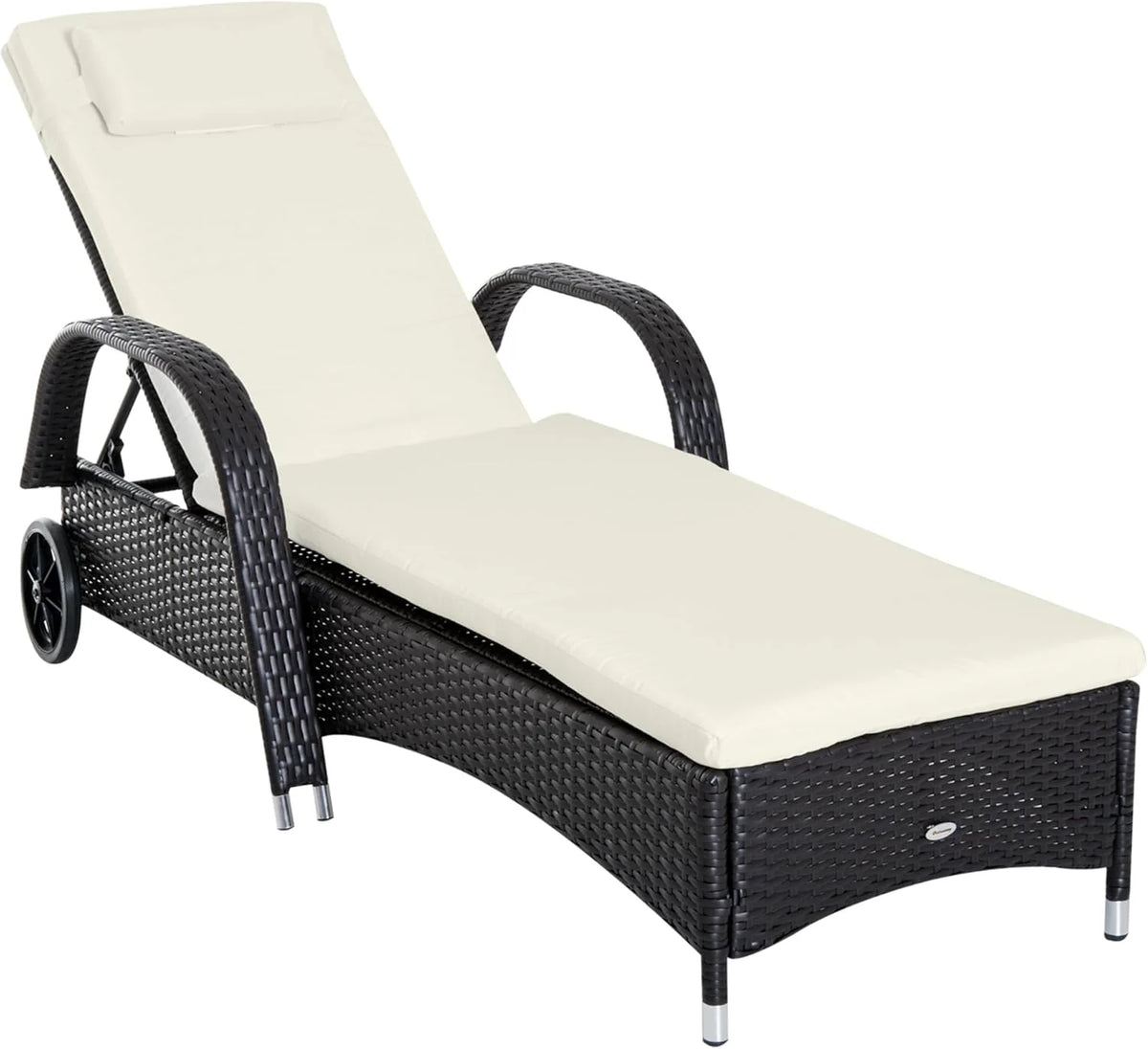 Outsunny PE Rattan Outdoor Chaise Lounge Chair With Wheels, Cushion And Headrest, Brown And Dark Blue - 5-Level Adjustable Backrest