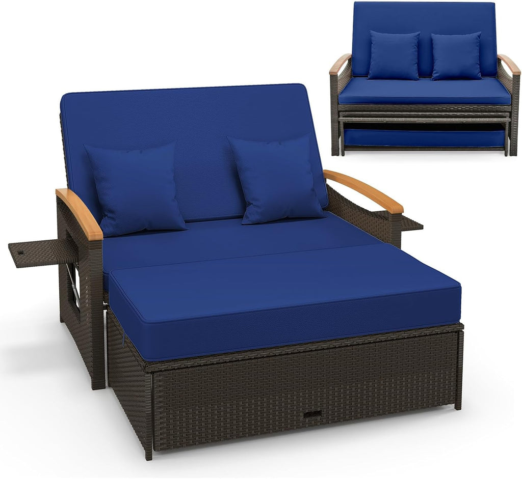 Moccha Outdoor Wicker Daybed Patio Rattan Loveseat Sofa With 4-Level Adjustable Backrest - Beige