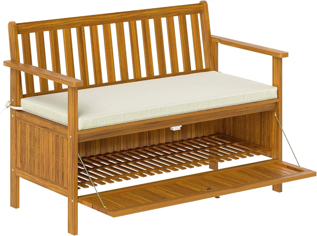 Outdoor Storage Bench, 28-Gallon, Teak, With Cushion - 46.9 x 24.6 x 32.7 in