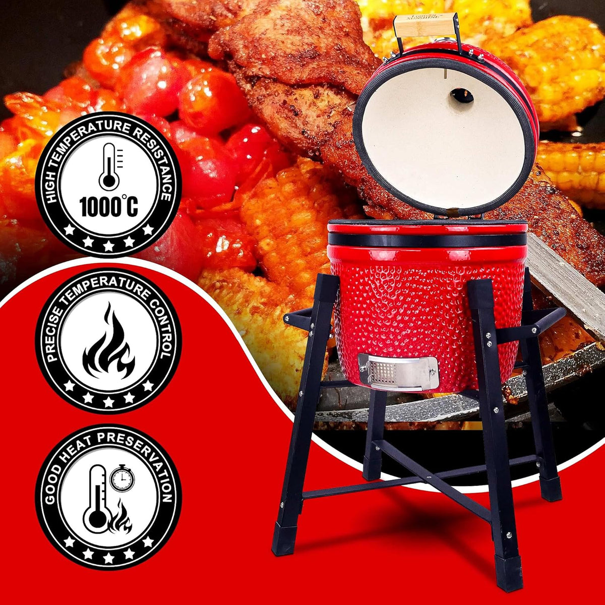 Ceramic Kamado Charcoal Grill And Smoker, 15 inch Ceramic, Green - With Tall Stand