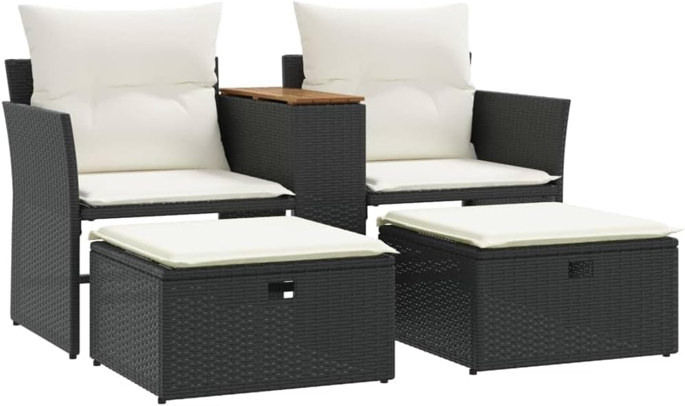 Black PE Rattan 2-Seat Patio Sofa With Canopy, Table And Stools, 56.7 x 36.2 x 27.2 in
