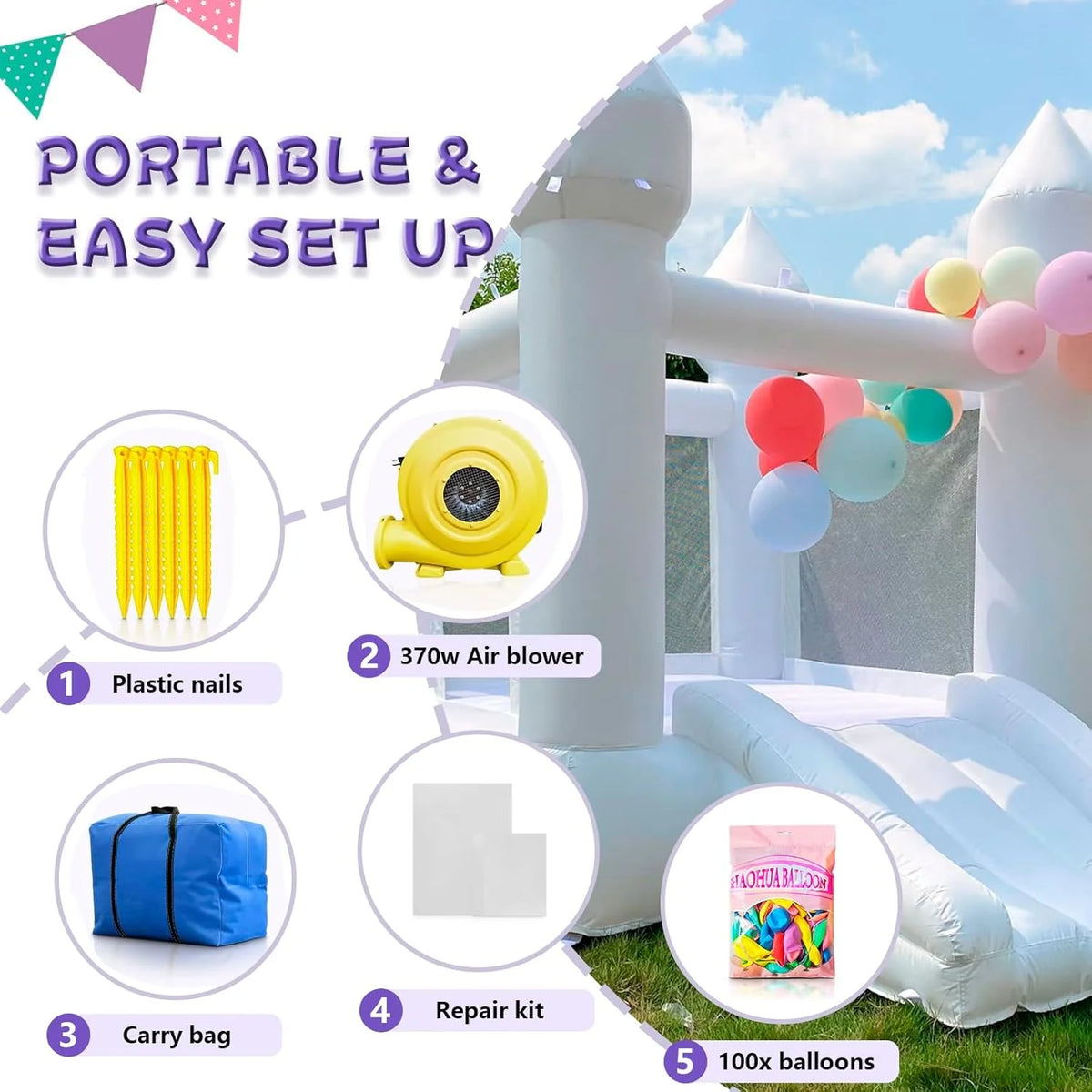White Oxford Kids Bounce House With Slide And Blower, 103 x 71 x 90 inch, Ages 2-8