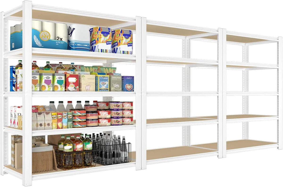 White Adjustable Storage Rack, 28 inch W x 12 inch D x 59 inch H, 5 Shelves - 4-Piece Set