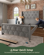 King Size Velvet Upholstered Wingback Platform Bed Frame, 1000LBS Capacity, Deep Gray - 56in Headboard