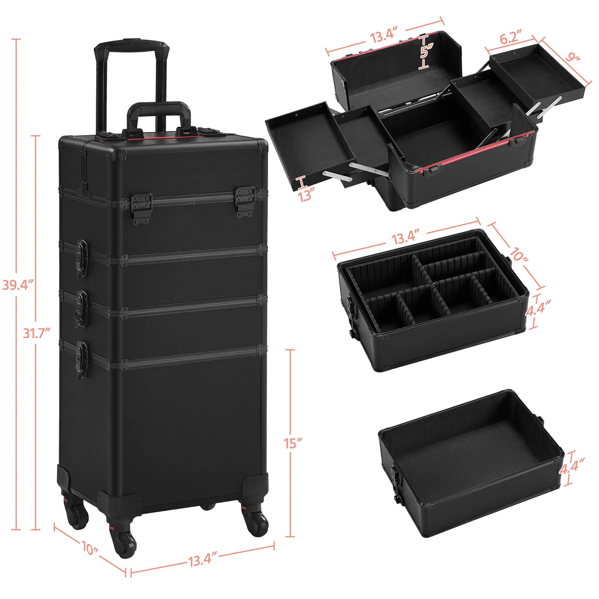 4 In 1 Professional Makeup Train Case - Black
