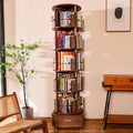 Solid Wood Rotating Bookshelf With 5 Shelves, 1 Drawer, Wheels, Walnut Finish, 72-inch High