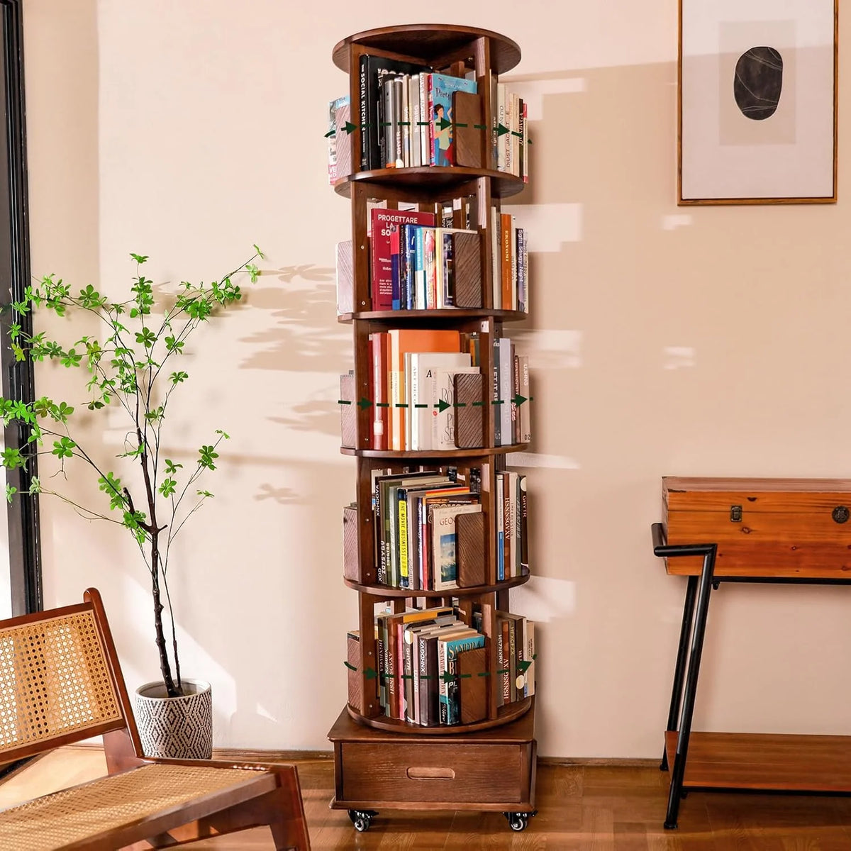 Solid Wood Rotating Bookshelf With 5 Shelves, 1 Drawer, Wheels, Walnut Finish, 72-inch High