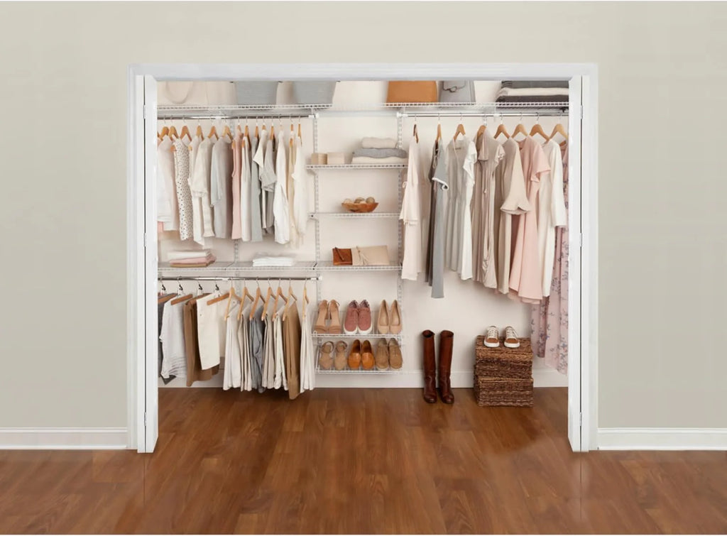 Rubbermaid Configurations Custom Closet Kit 4-8 Ft White Finish - Adjustable Metal Wire Shelving
