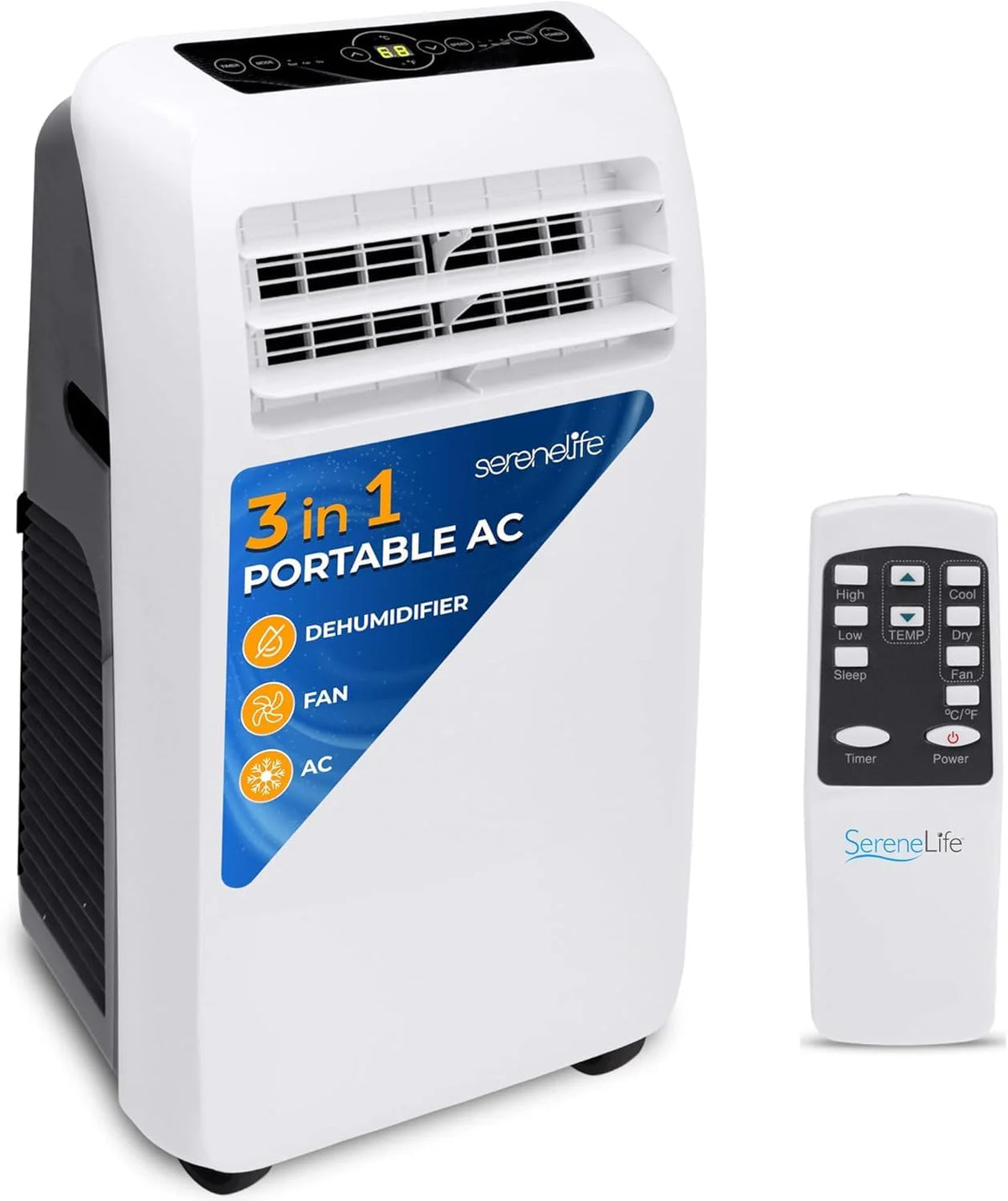 SereneLife 3-in-1 Portable Air Conditioner, 8000 BTU, White