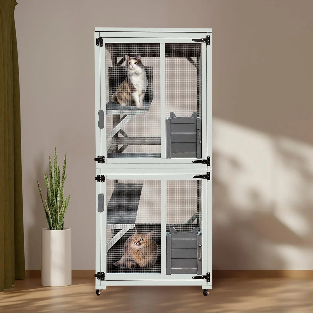 Wooden Outdoor Cat House With 7 Platforms, 2 Rest Boxes And Rainproof Roof - White 62.6-inch Model