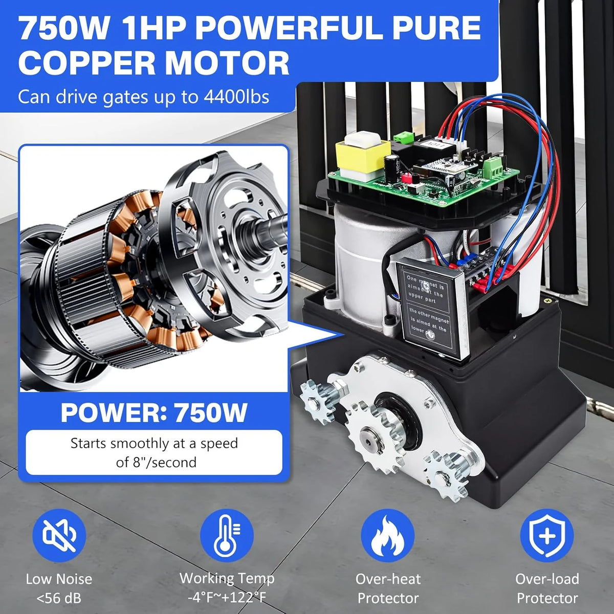 Automatic Sliding Gate Opener Motor, 750-Watt, 4 Remote Controllers, Wireless Keyboard - Up To 40 Feet
