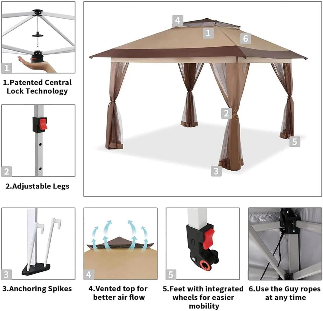CROWN SHADES 13x13 Pop Up Gazebo Canopy Tent - Beige & Coffee