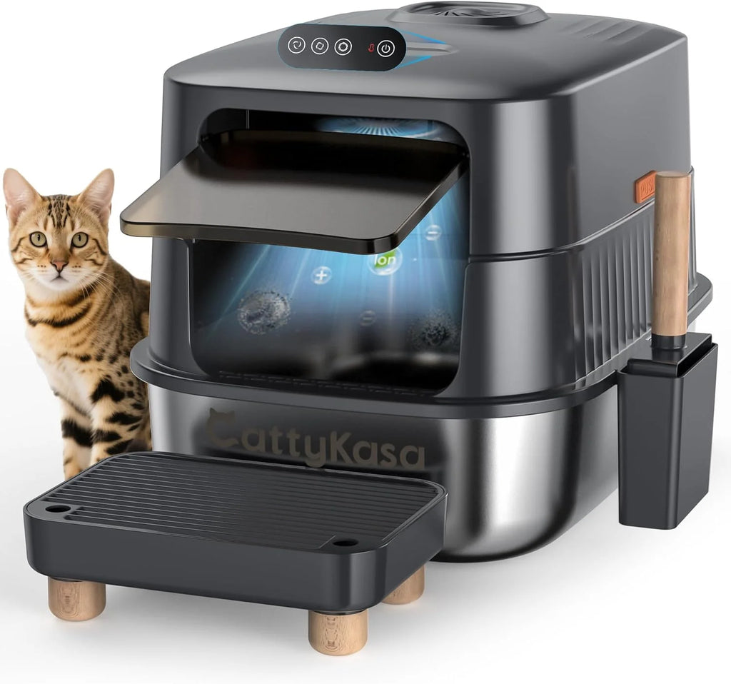 Stainless Steel Enclosed Cat Litter Box, 3-In-1, X-Large, Gray