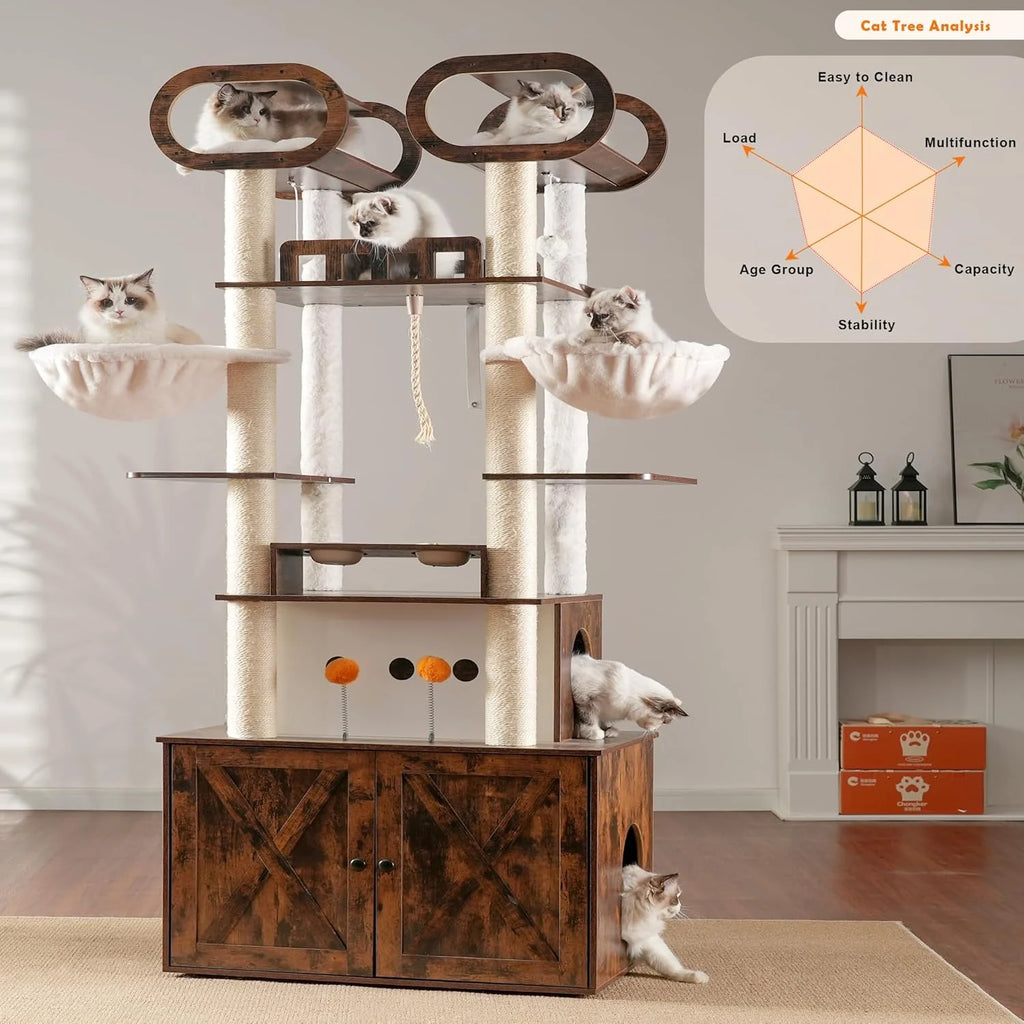 Habori Cat Tower With Litter Box Storage And Feeding Station, 32.3 x 20.1 x 76.8 Inch