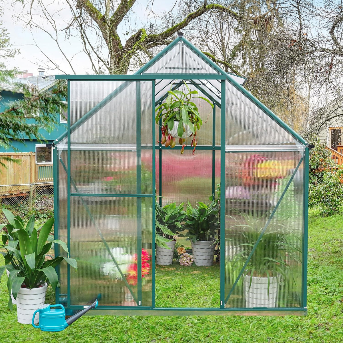 6'x10' Walk-In Greenhouse With 4mm 800G Polycarbonate Panels And Aluminum Frame - Green