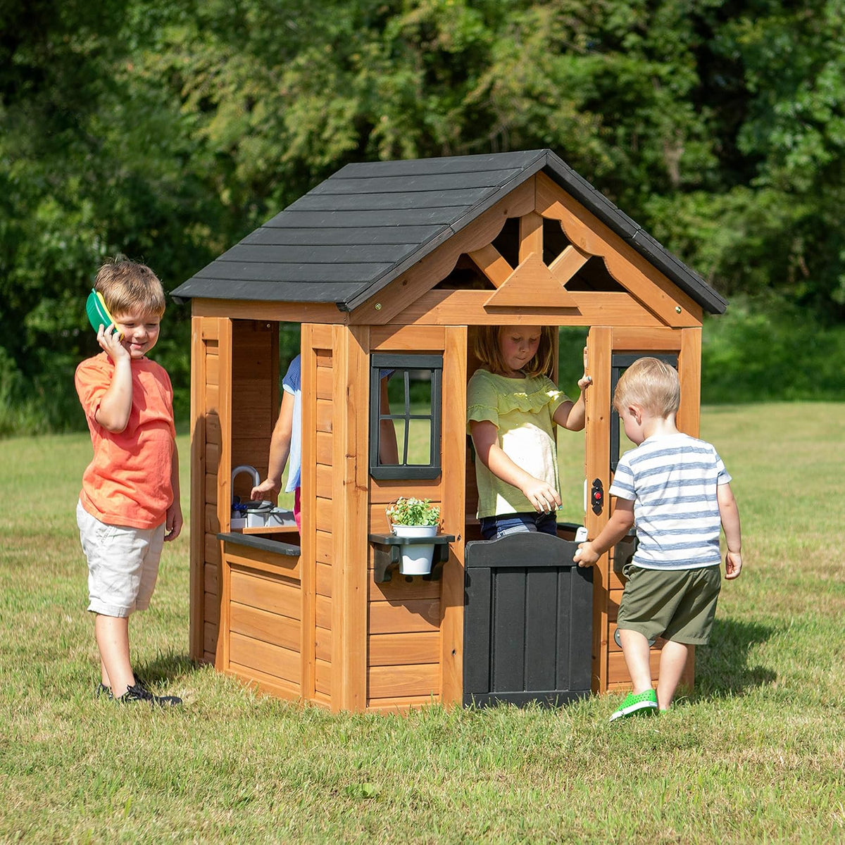 Backyard Discovery Children's Playhouse Cabin With Game Kitchen, Snack Bar, Light Brown, 46 x 42 x 55 inches - 2001312