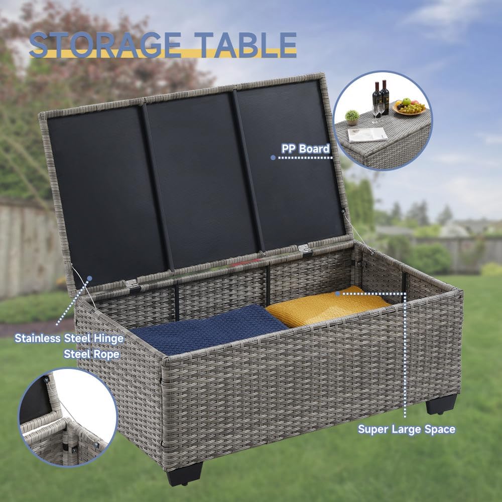 6-Piece PE Rattan Wicker Patio Conversation Set With Furniture Cover, Peacock Blue - Rattan Storage Table
