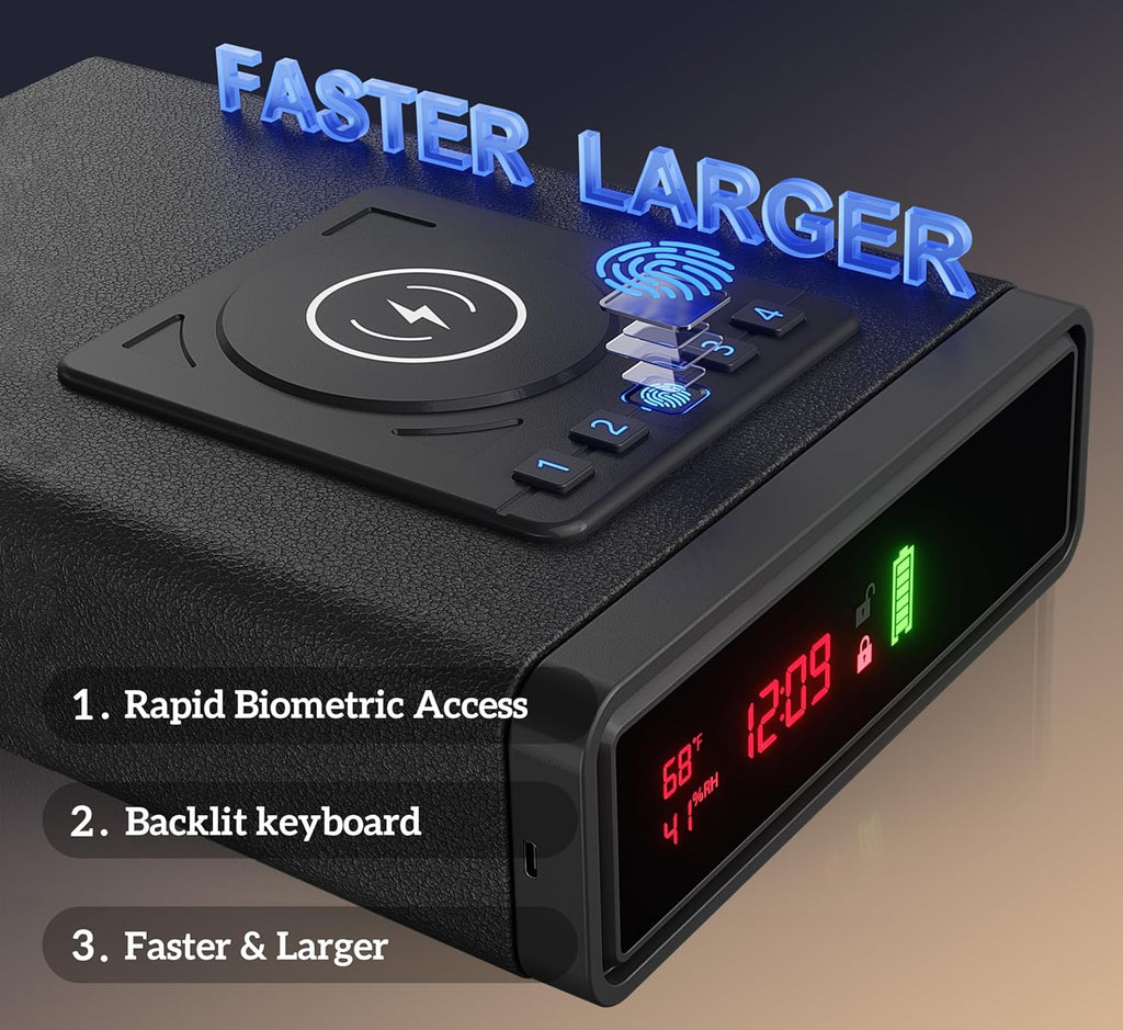 Smart Biometric Nightstand Safe With Wireless Charging, LED Display And 3 Access Methods - Black