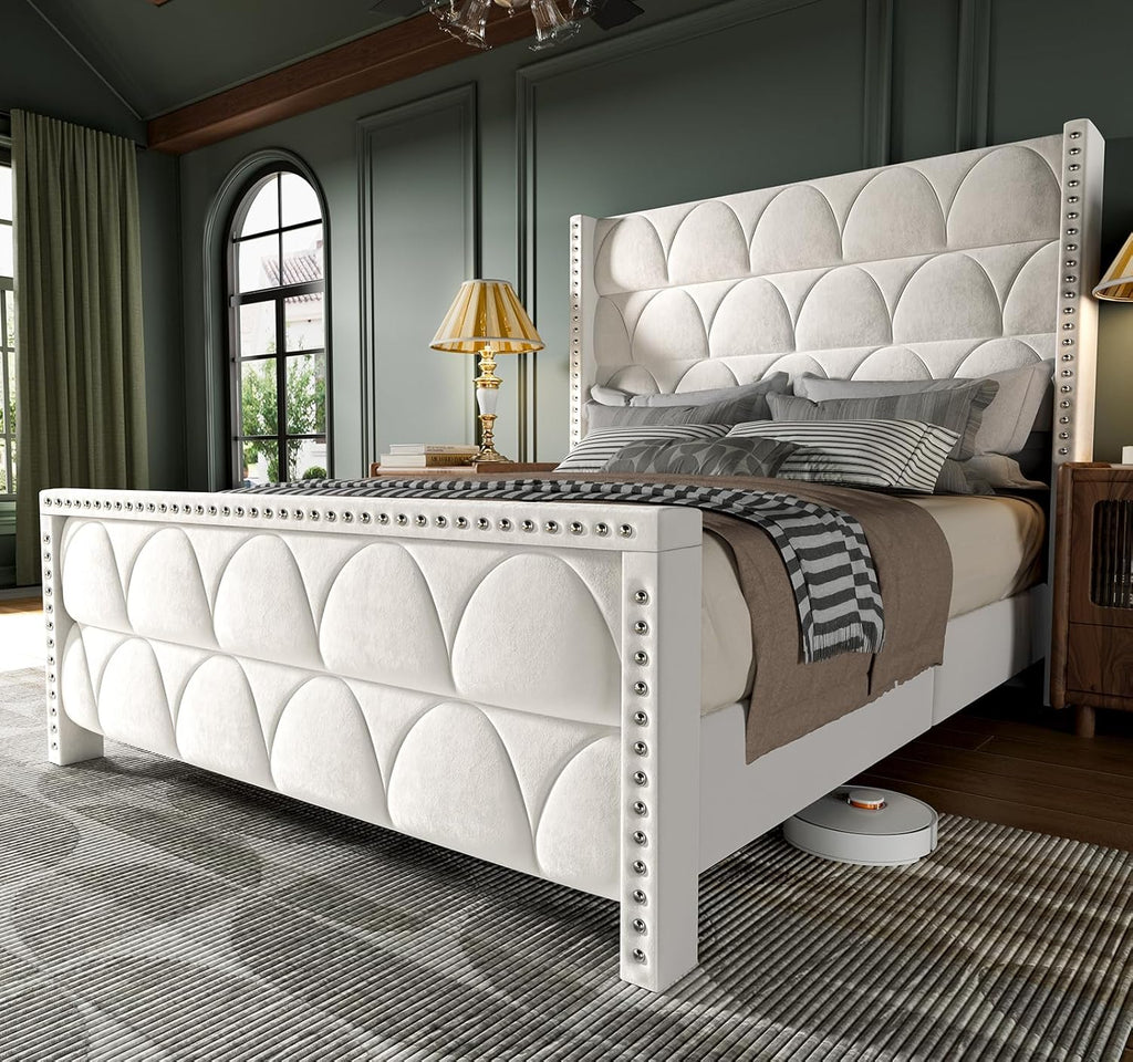 King Size Velvet Upholstered Wingback Platform Bed Frame, 1000LBS Capacity, Deep Gray - 56in Headboard