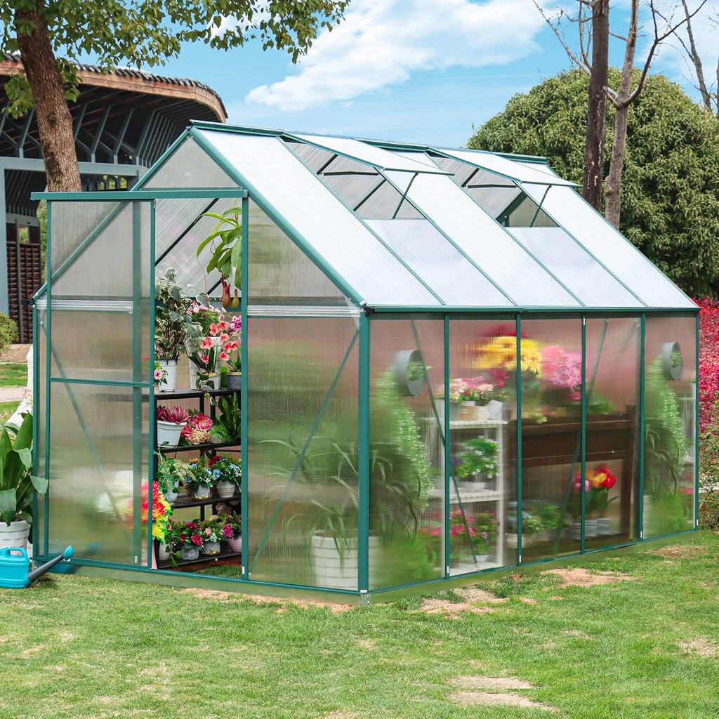 6'x10' Walk-In Greenhouse With 4mm 800G Polycarbonate Panels And Aluminum Frame - Green