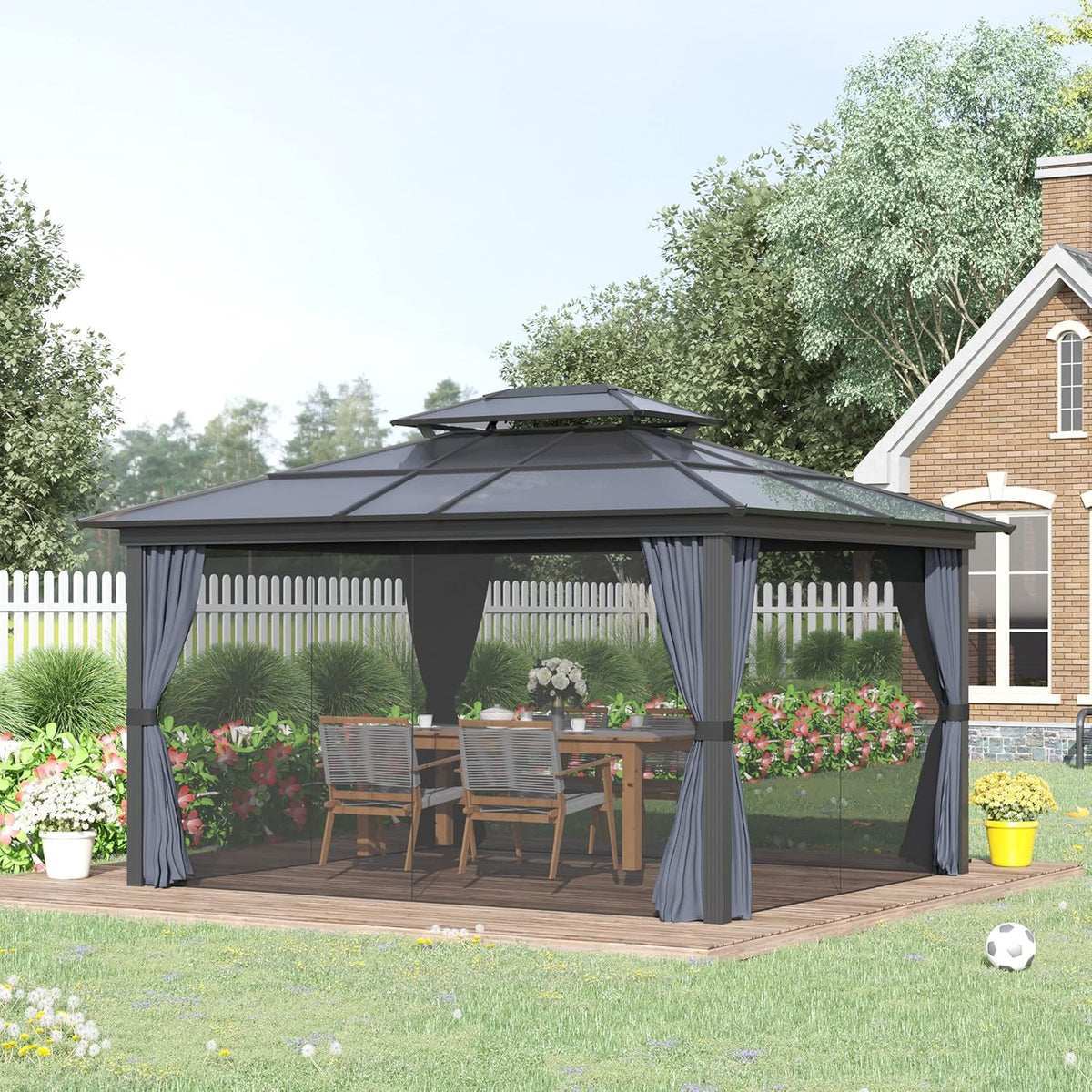 Hard-Top Outdoor Gazebo Canopy, Polycarbonate Roof, Aluminum Frame, 10 Feet X 12 Feet, Light Gray
