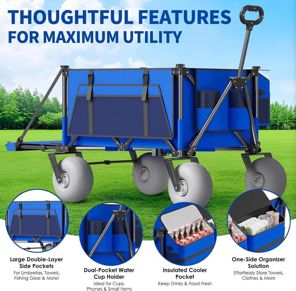 Aisdan Foldable Beach Wagon Cart, 450 lbs Capacity, 9 in All-Terrain Inflatable Tires - Blue