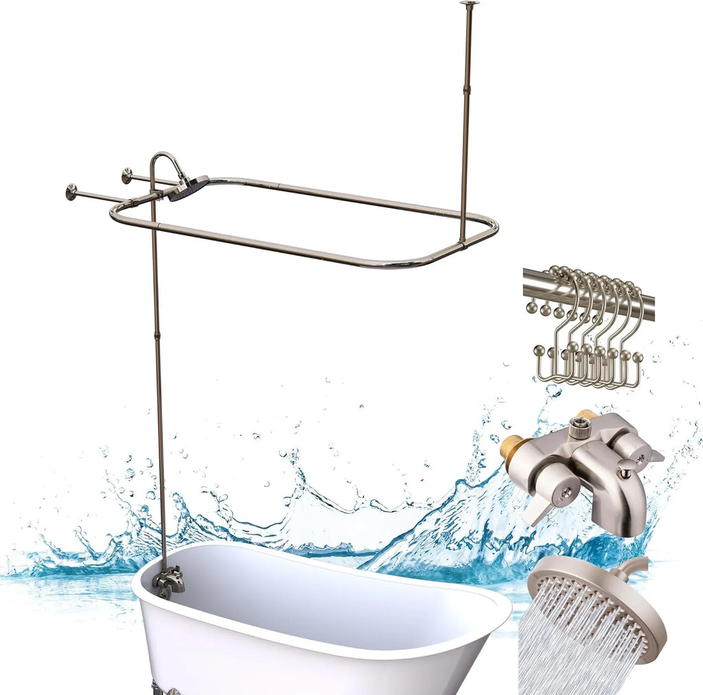 Clawfoot Tub Shower Kit With Bathcock Diverter Faucet And 48 x 27 in Rectangular Curtain Rod - Brushed Nickel