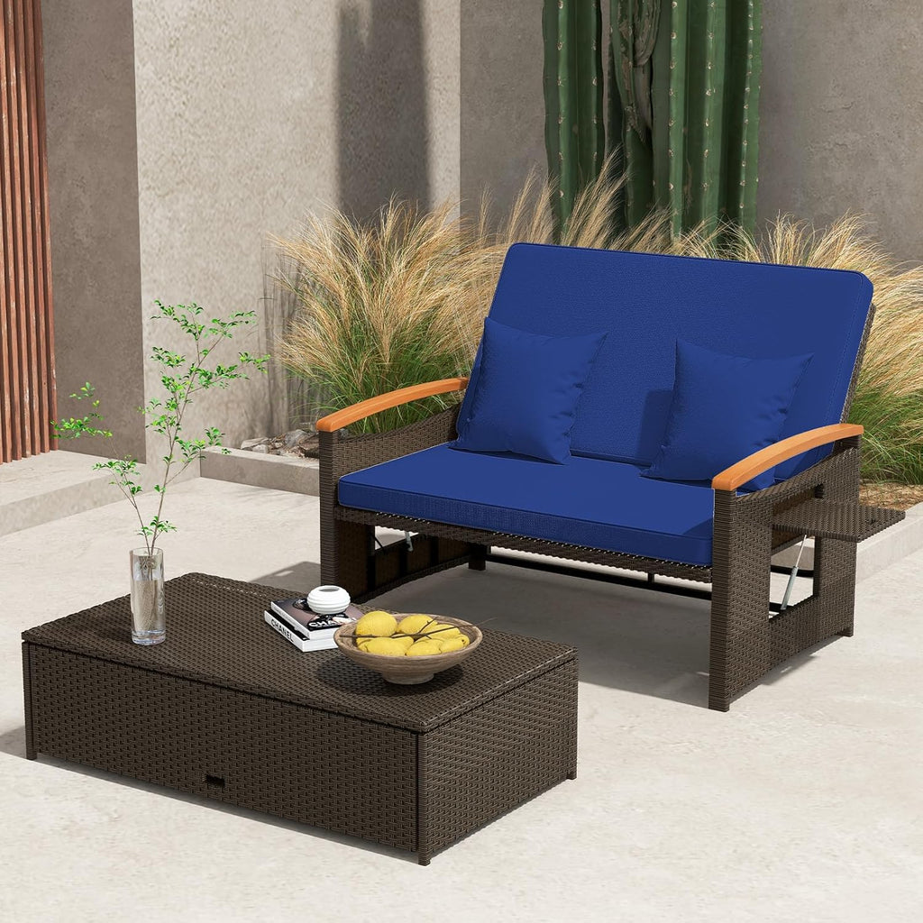 Moccha Outdoor Wicker Daybed Patio Rattan Loveseat Sofa With 4-Level Adjustable Backrest - Beige