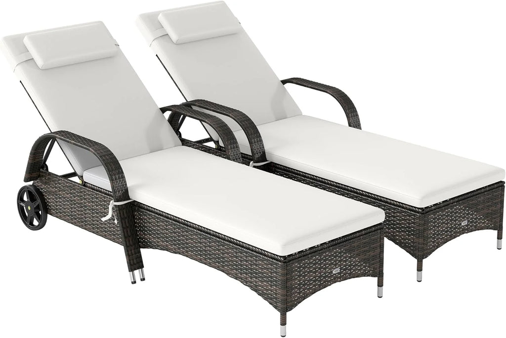 Outsunny PE Rattan Outdoor Chaise Lounge Chair With Wheels, Cushion And Headrest, Brown And Dark Blue - 5-Level Adjustable Backrest