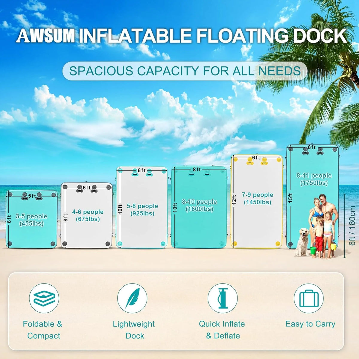 AWSUM Inflatable Floating Dock Platform, 10 x 8 ft, Mint Green