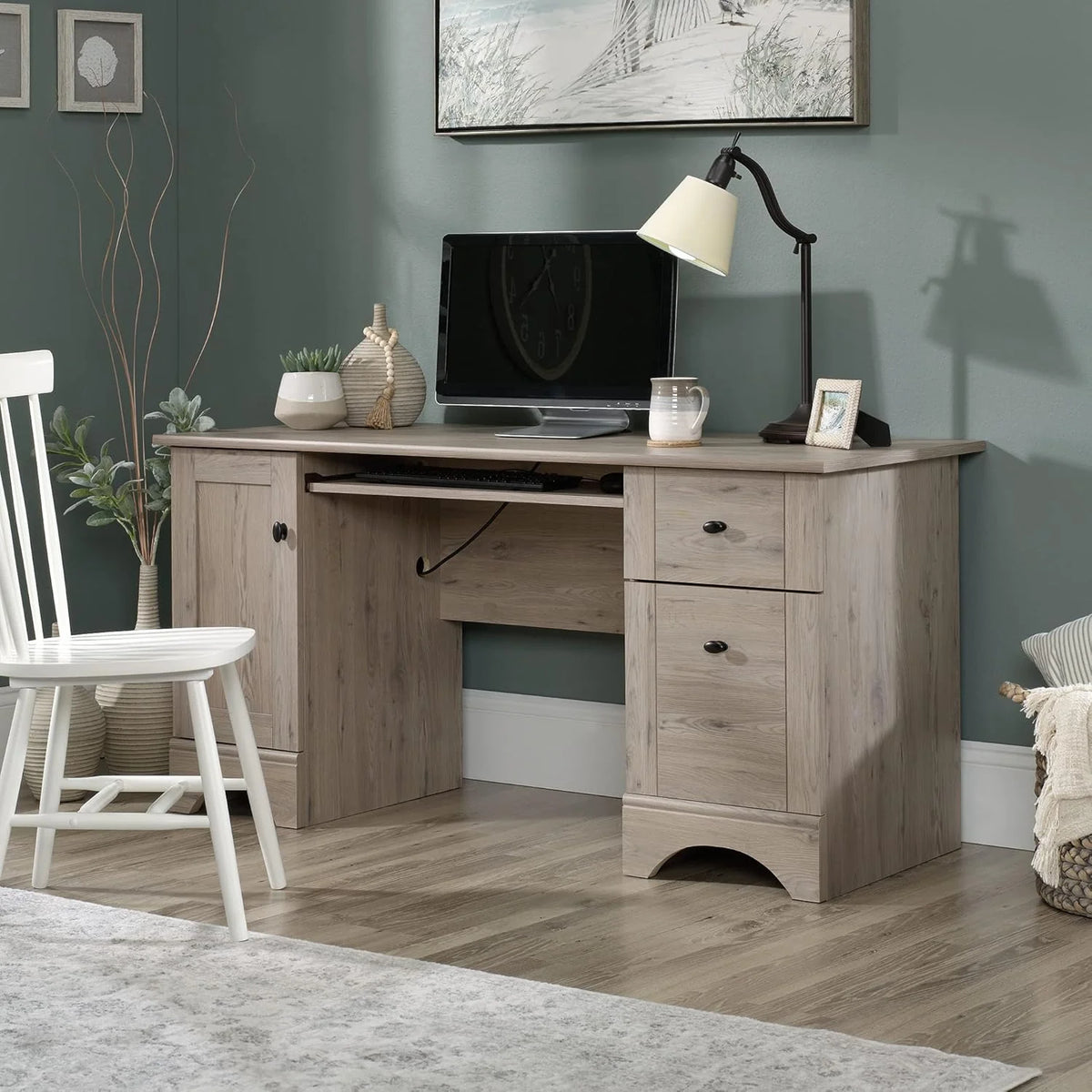 Computer Desk With Keyboard Tray, 59.45 in x 23.47 in x 29.02 in, Brushed Maple