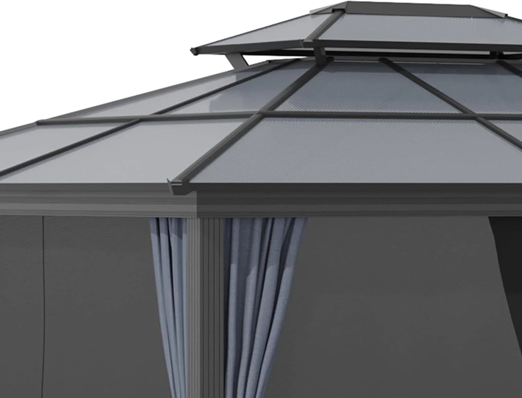 Hard-Top Outdoor Gazebo Canopy, Polycarbonate Roof, Aluminum Frame, 10 Feet X 12 Feet, Light Gray