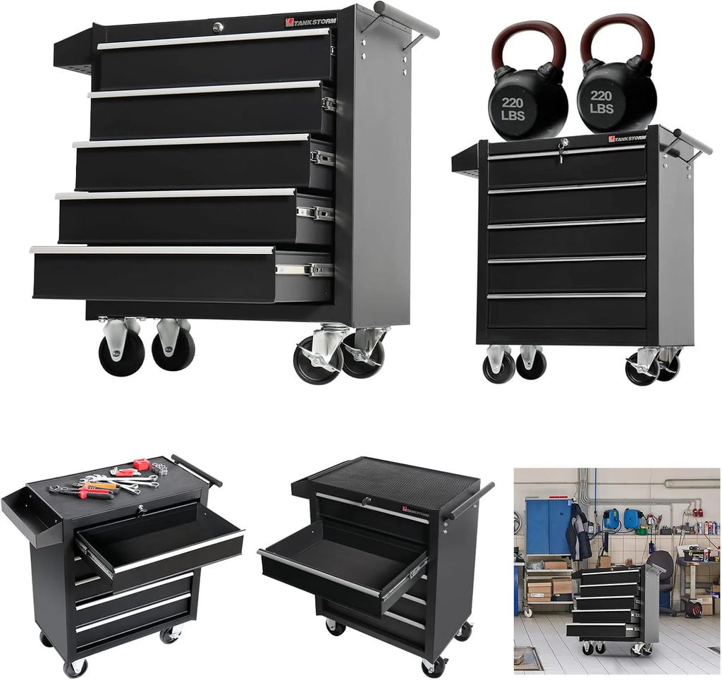Steel Tool Chest And Cabinet With 5 Drawers, 13in D x 24.2in W x 30in H - Black