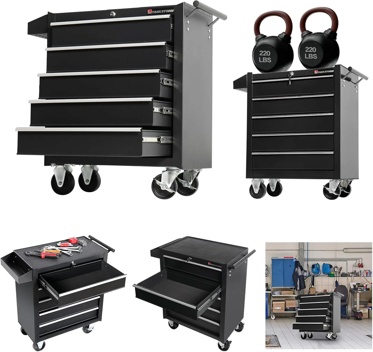 Steel Tool Chest And Cabinet With 5 Drawers, 13in D x 24.2in W x 30in H - Black