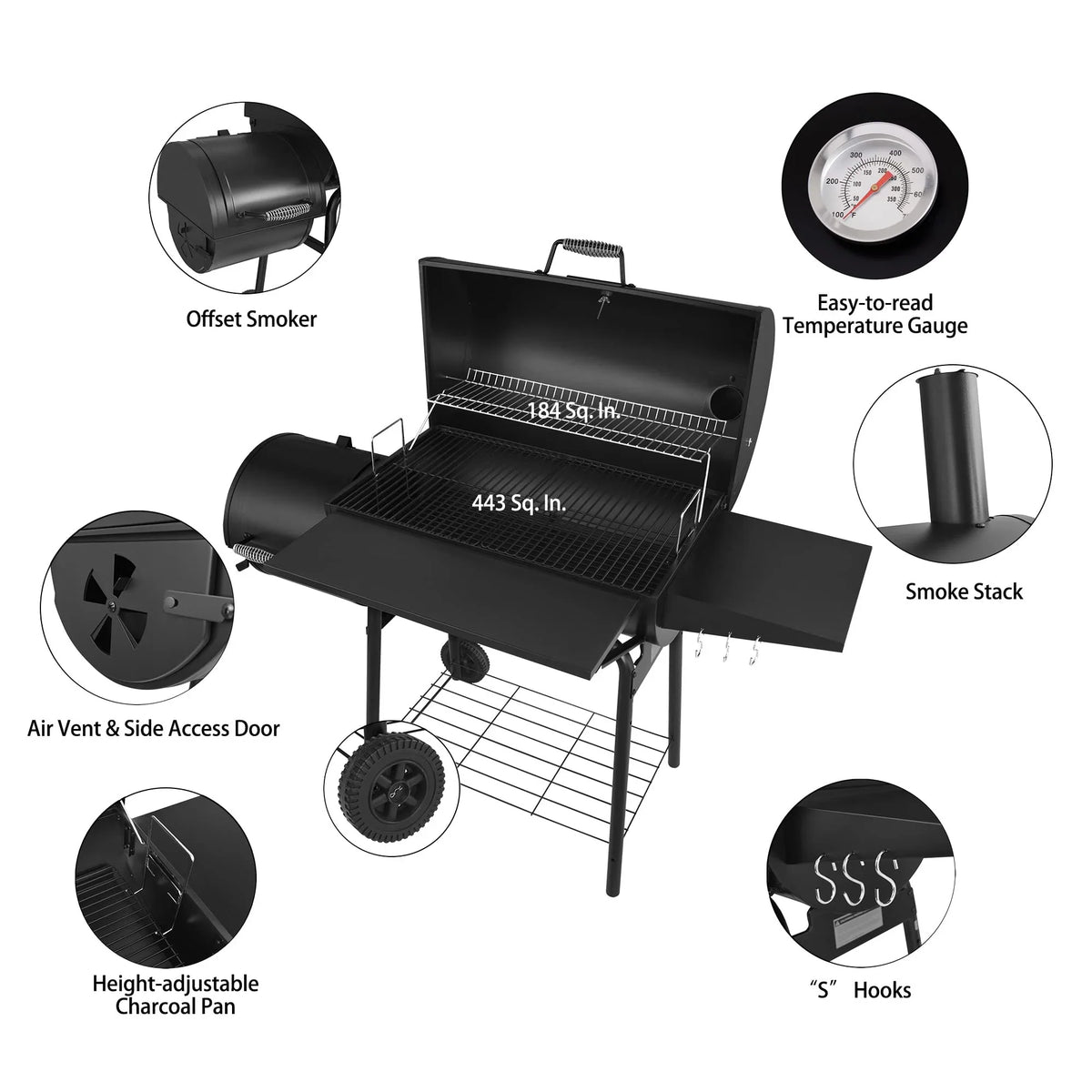 Gourmet 30in Charcoal Grill And Offset Smoker - Black