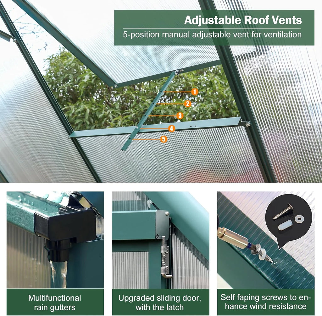 6'x10' Walk-In Greenhouse With 4mm 800G Polycarbonate Panels And Aluminum Frame - Green