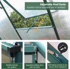 6'x10' Walk-In Greenhouse With 4mm 800G Polycarbonate Panels And Aluminum Frame - Green