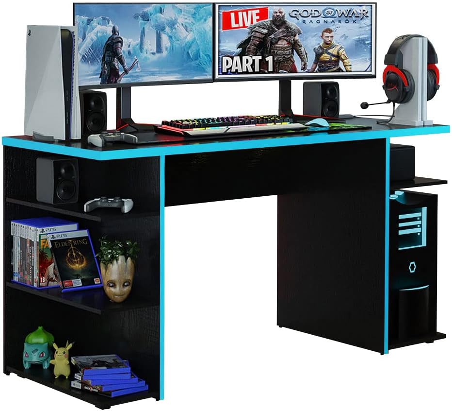 Madesa Gaming Computer Desk 53 Inch With 5 Shelves Cable Management - White