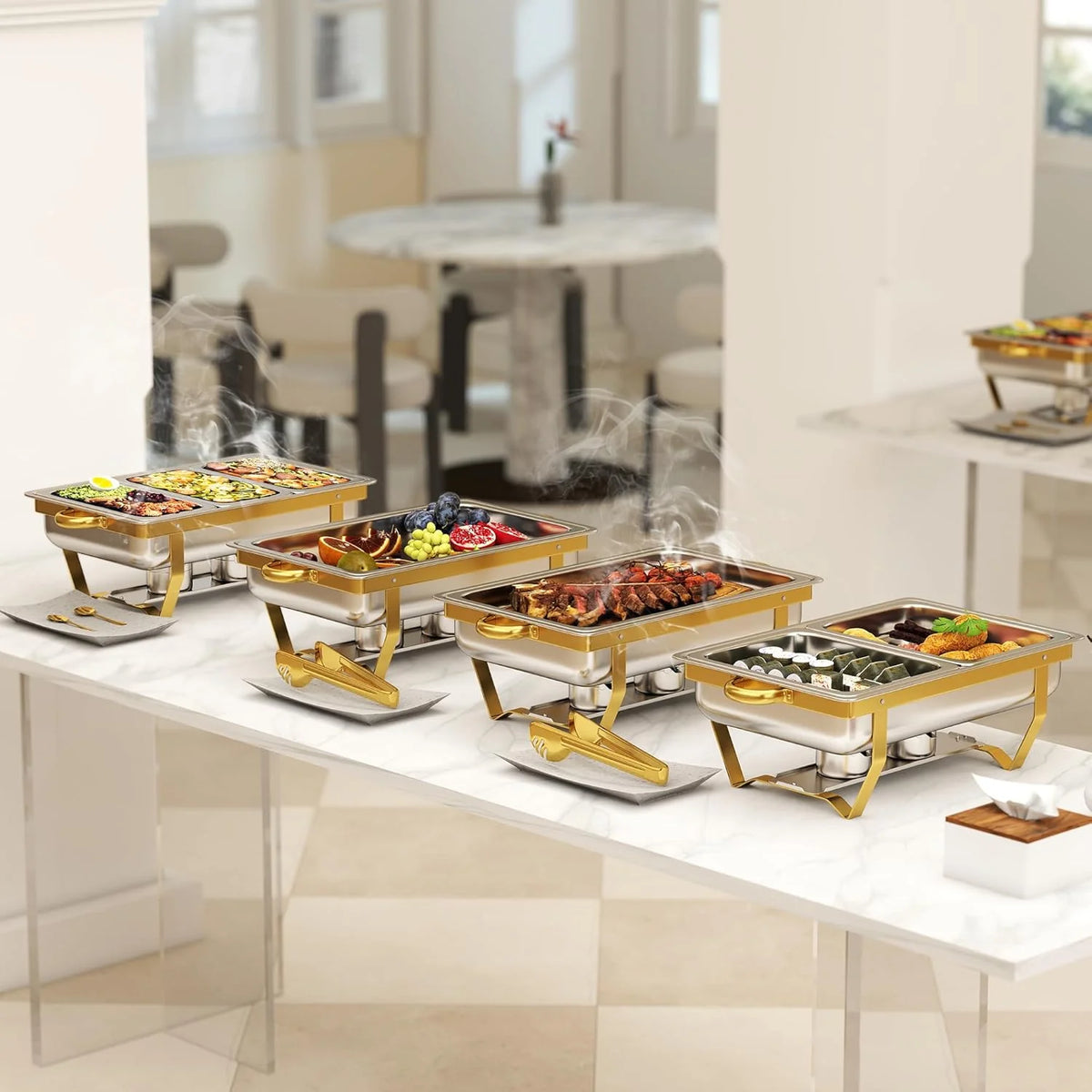 EffiQ-Rate Stainless Steel Chafing Dishes, 4 Pack, 9 QT, Silver And Gold - 7 Pans